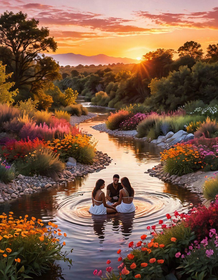 A serene landscape featuring a flowing river that symbolizes a journey, surrounded by vibrant flowers representing sensuality and growth. In the foreground, diverse individuals engaging in open conversations about sexuality and body positivity, showcasing a blend of emotions and connection. The scene is infused with warm sunset hues to evoke a sense of intimacy and acceptance. super-realistic. vibrant colors. soft focus.