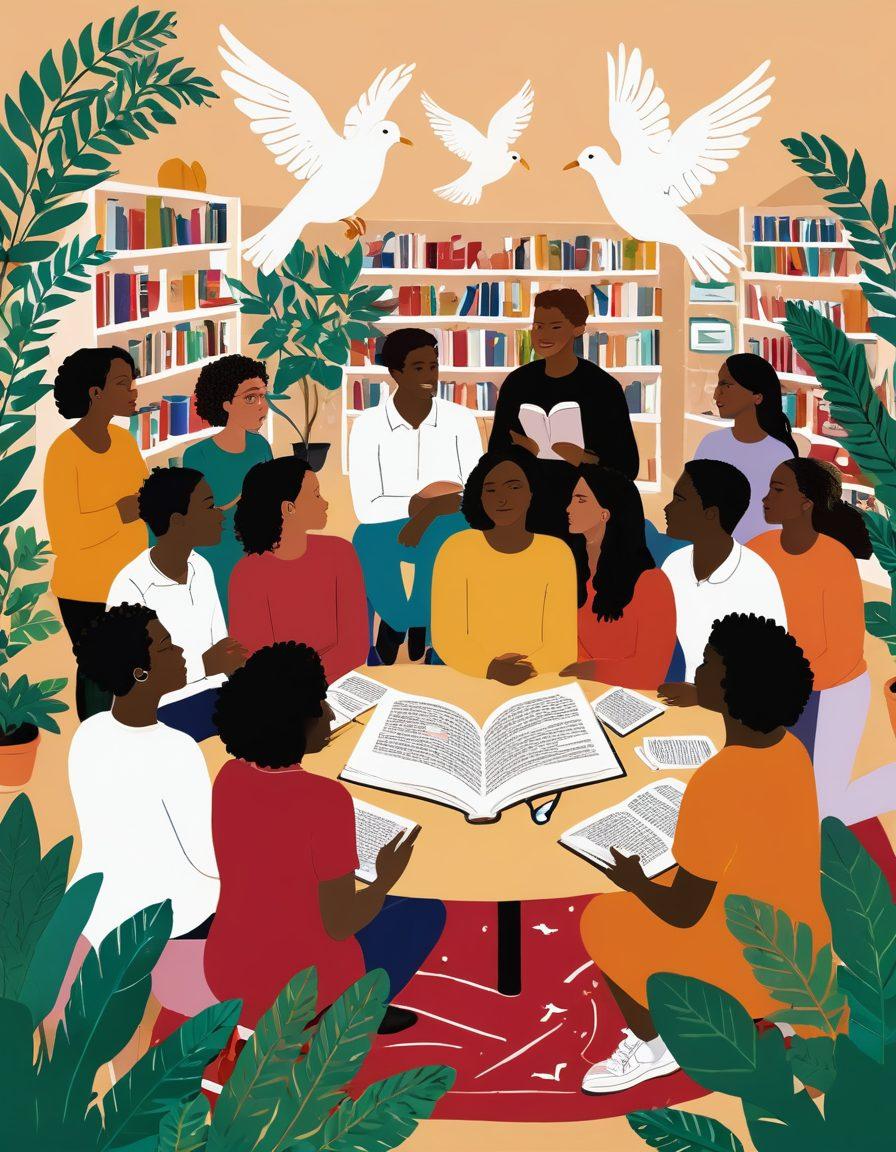A diverse group of people engaged in an open, respectful dialogue about intimacy and consent, surrounded by symbolic imagery representing sexual liberation like doves and hearts. The setting is an inviting, warm space filled with books and plants, fostering a sense of community. Include visual elements like speech bubbles and soft lighting to emphasize connection and understanding. Illustrate emotional expressions that convey empowerment and awareness. vibrant colors. welcoming atmosphere.