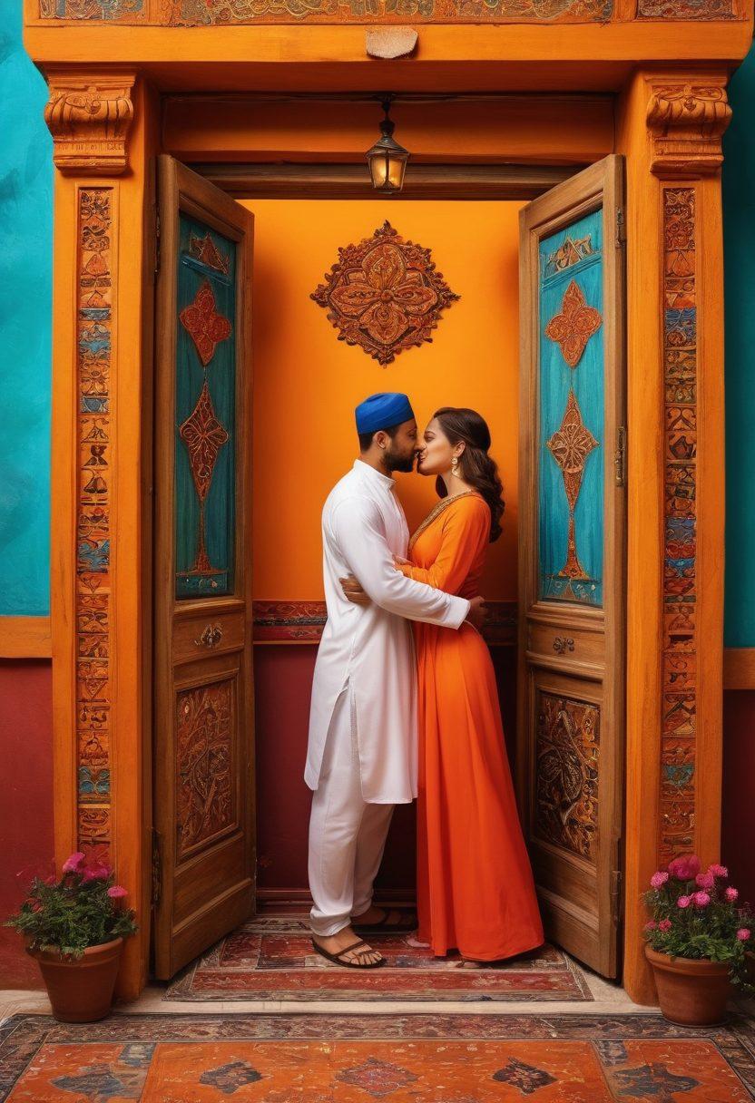 A vibrant collage depicting diverse couples engaging in affectionate acts, showcasing intimacy and joy in various settings. Incorporate elements of traditional sultanate architecture in the background, blended with modern adult entertainment symbols. Use warm, inviting colors to evoke a sense of freedom and exploration. Include artistic representations of liberation symbols, such as butterflies and open doors. 3D. vibrant colors. cultural fusion.